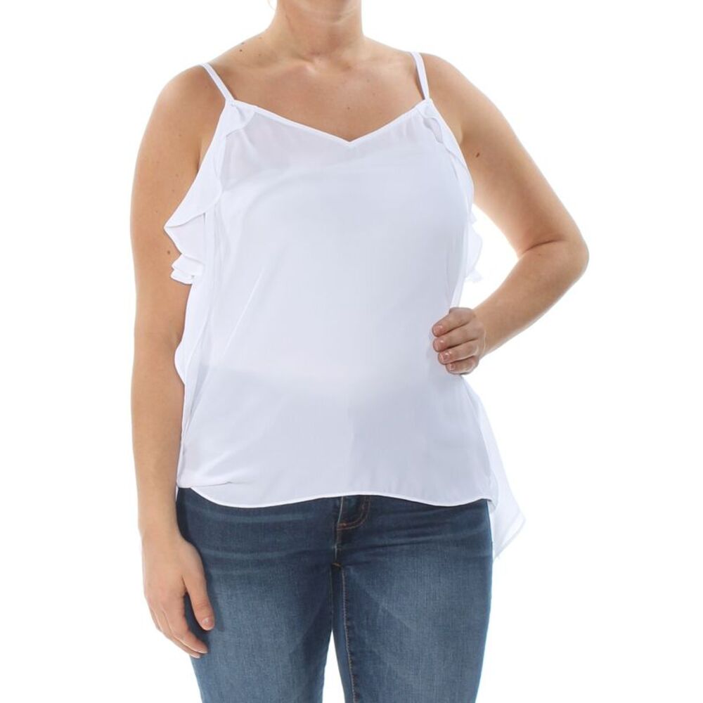 BAR III Womens White Ruffle Side Spaghetti Strap V Neck Top L